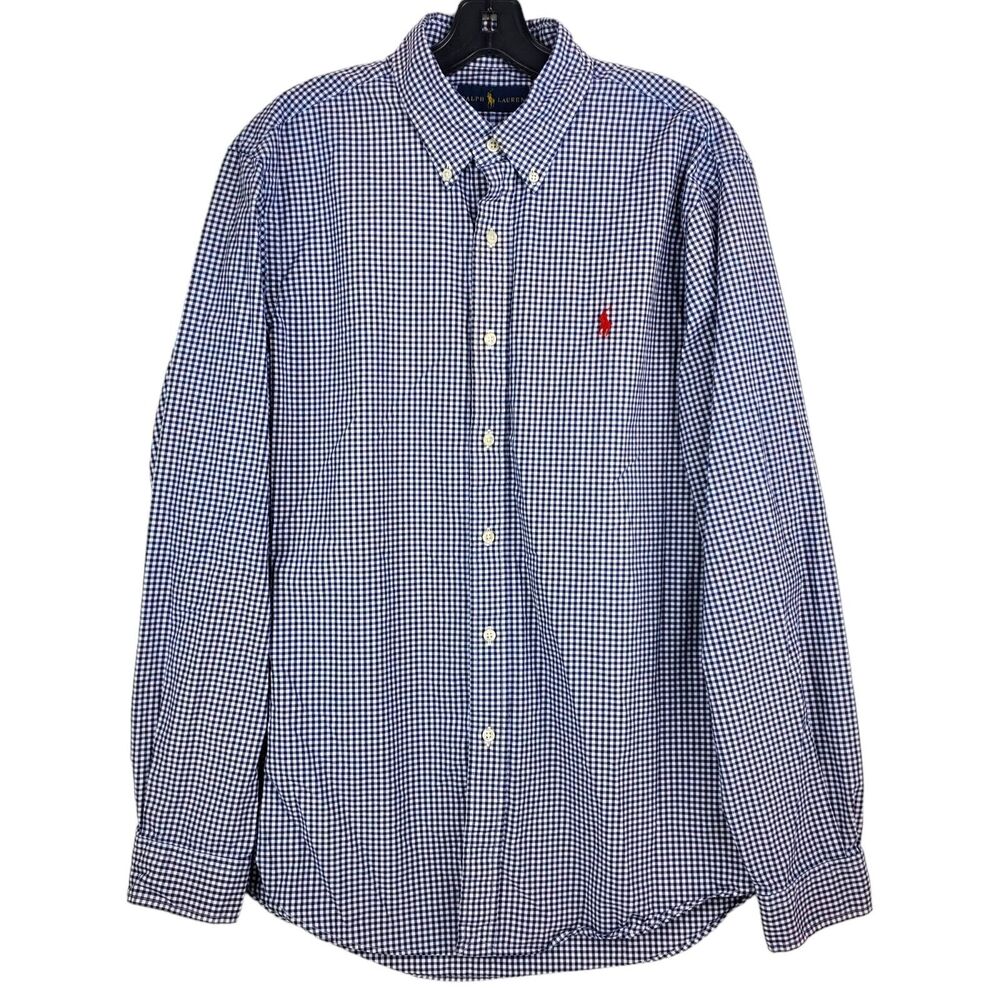 RALPH LAUREN Shirt Mens Large Blue White Gingham Plaid Button Down Casual